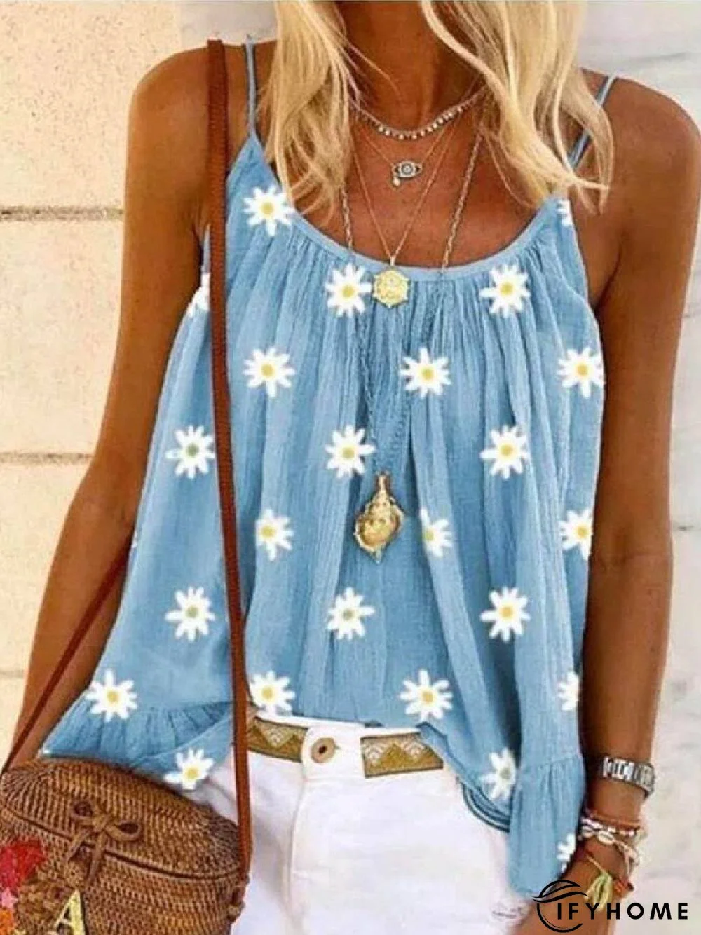 Sleeveless Floral-Print Casual Spaghetti T-shirt | IFYHOME