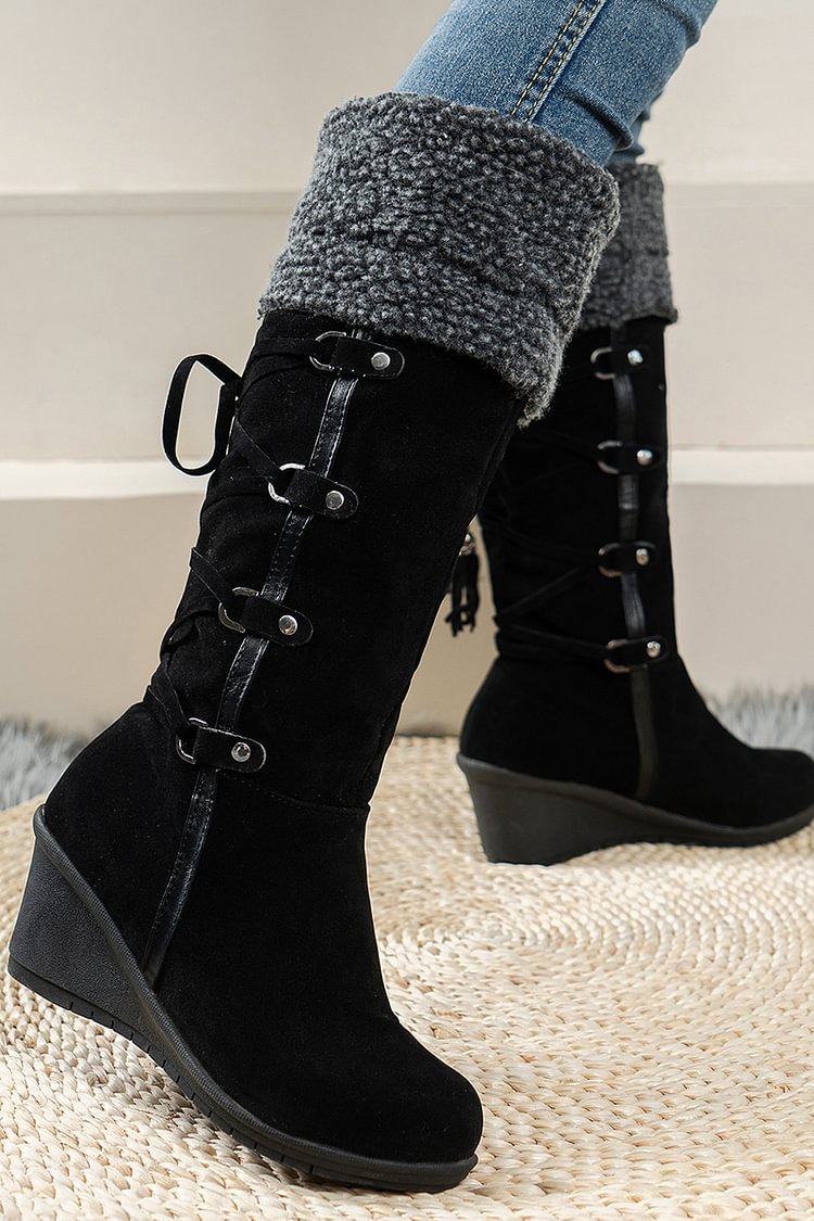 Casual Female Rear Tie -Up Fringe Slope Heel Snow Boots