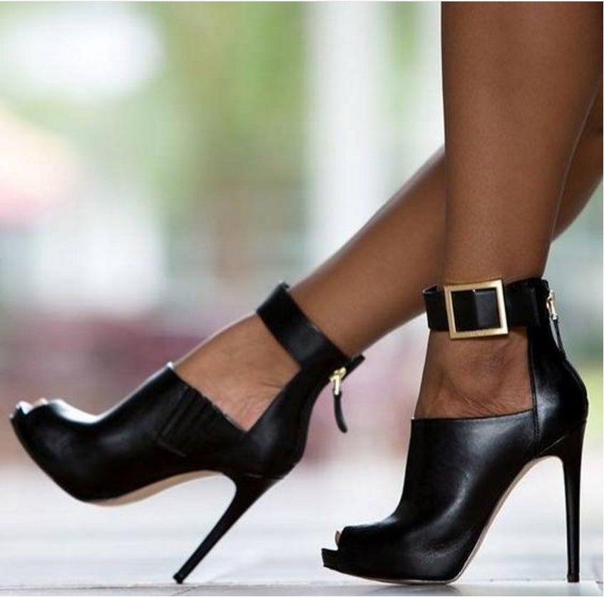 Sexy black peep toe ankle strap stiletto heels fashion show summer booties