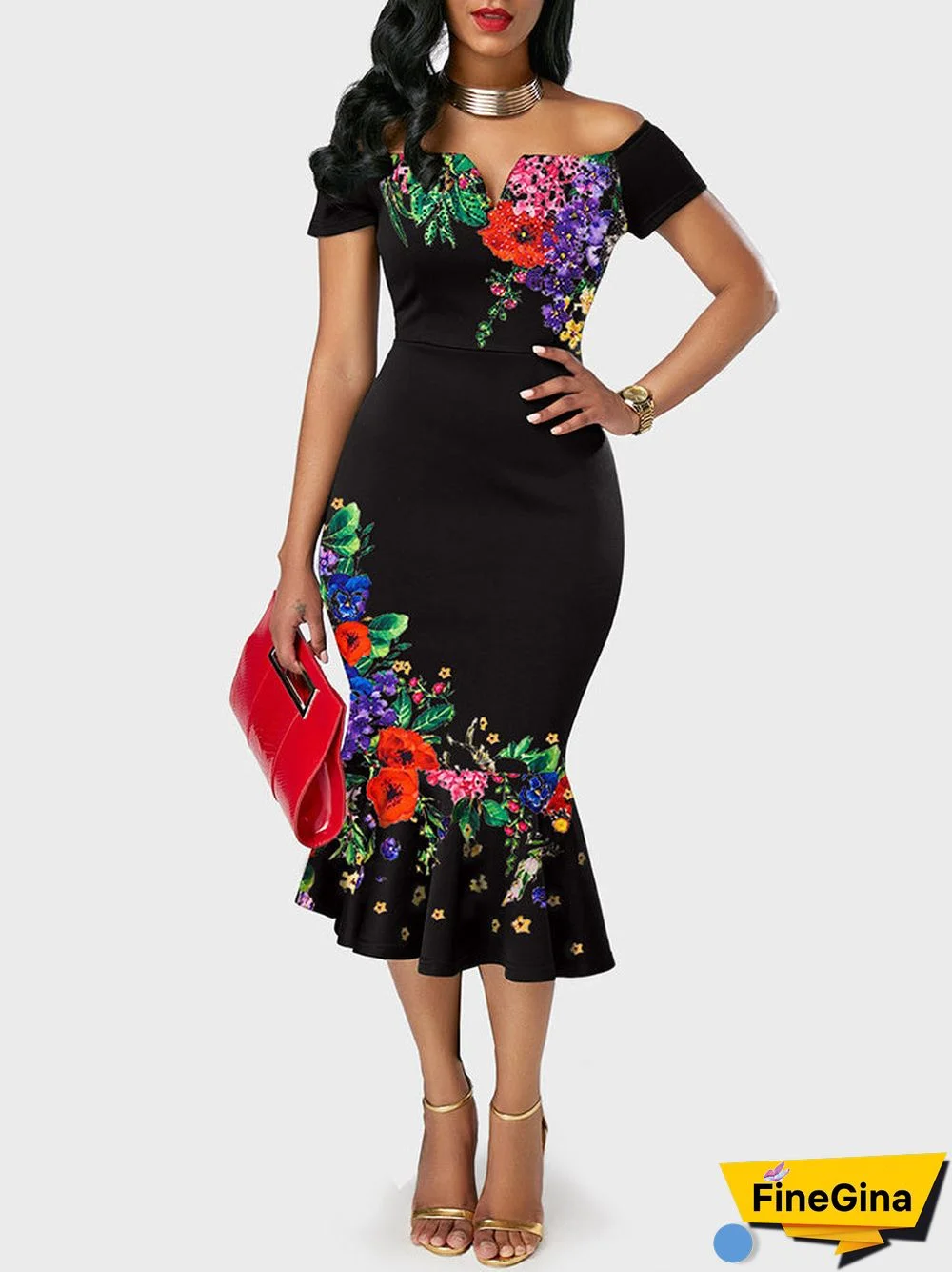 Women's Short Sleeve Off-shoulder Graphic Floral Printed Midi Dress