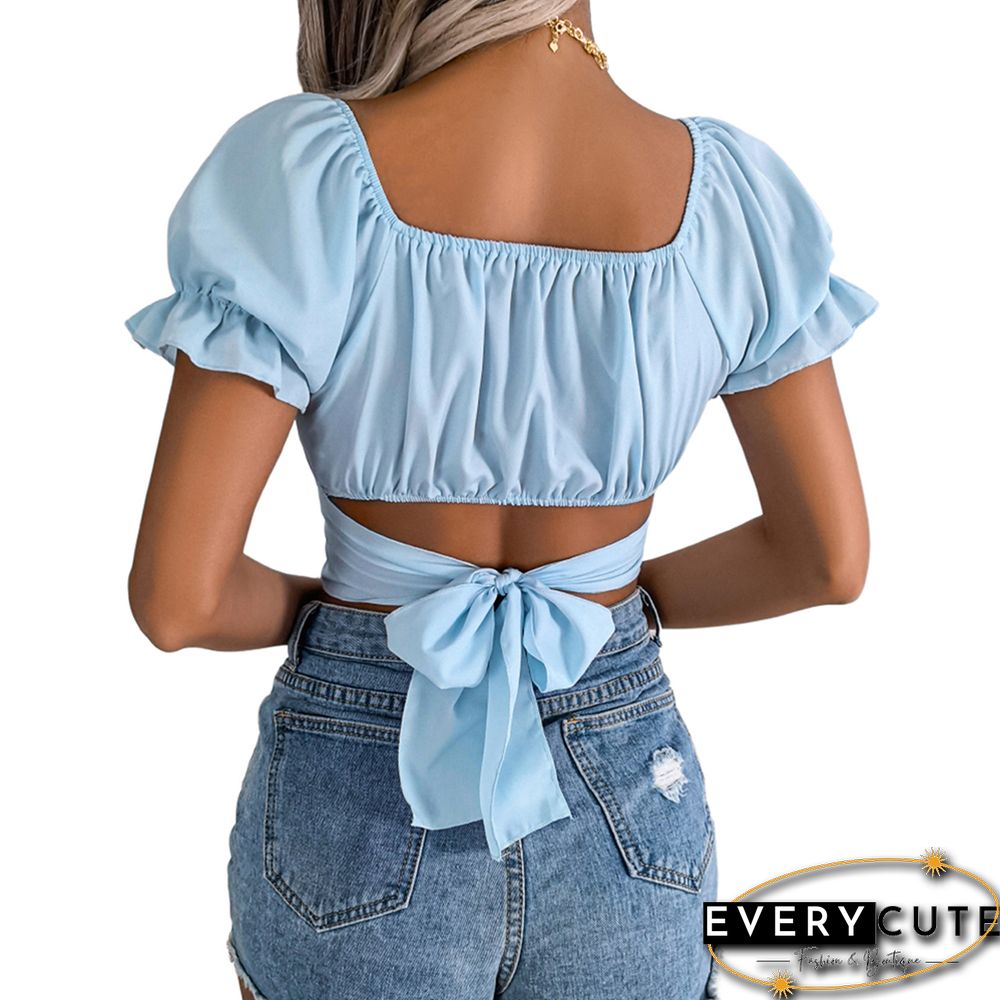 Light Blue Back Lace-up Slim Waist Chiffon Crop Tops