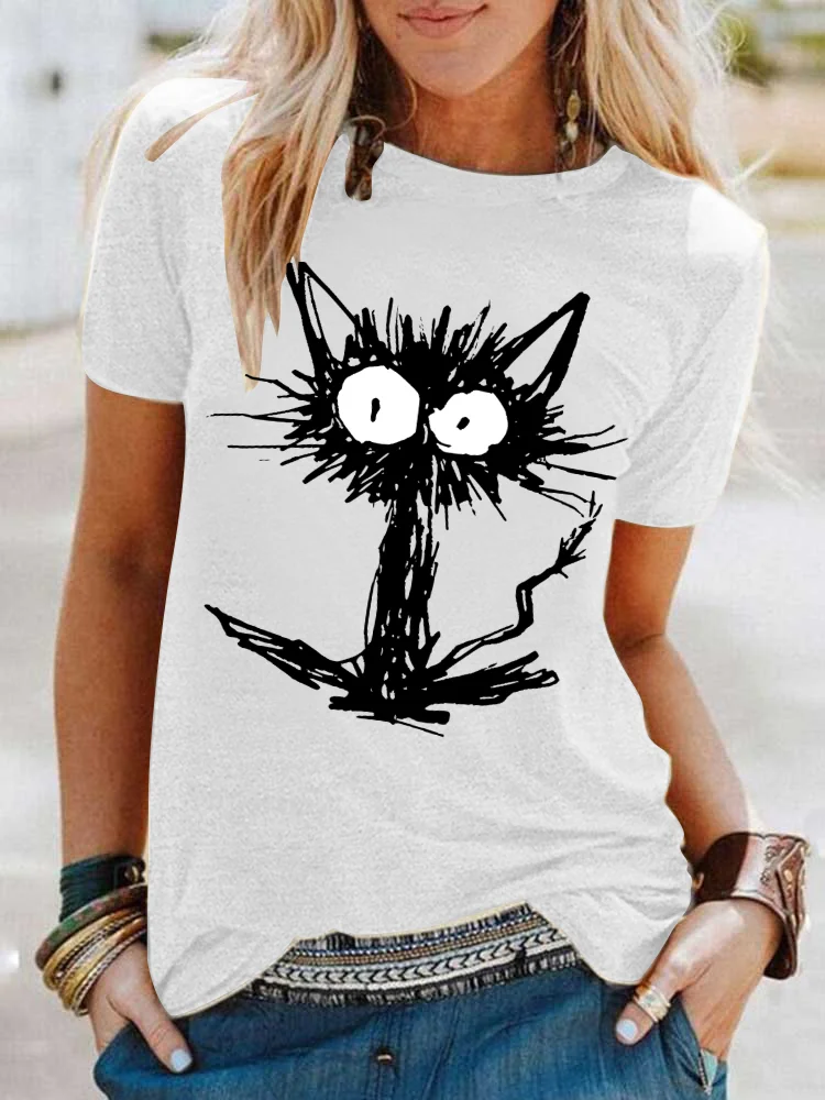 Wearshes Black Unkempt Kitten Comfy Crew Neck T Shirt