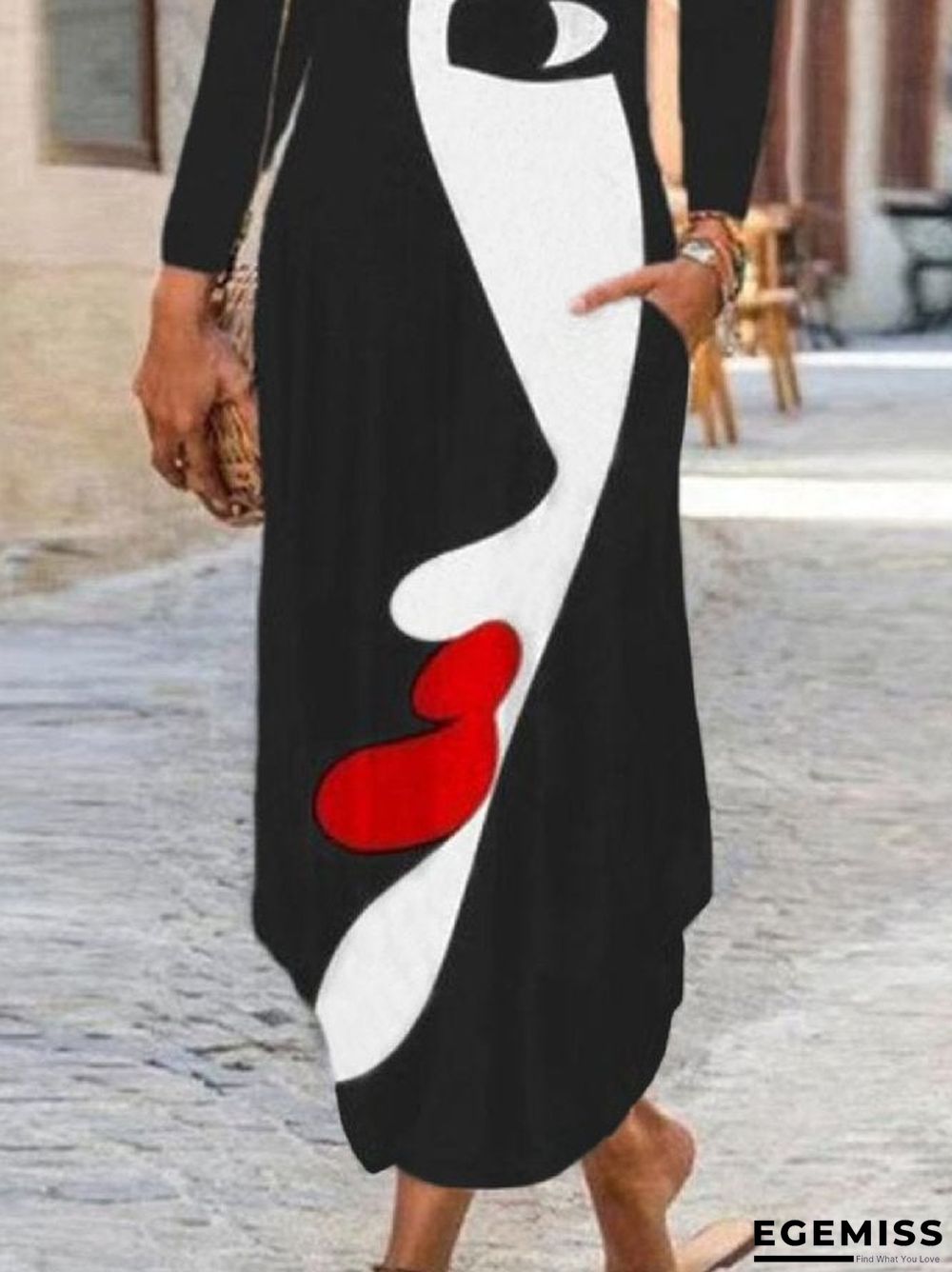 Casual Long Sleeve V Neck Printed Dresses Black Dresses | EGEMISS