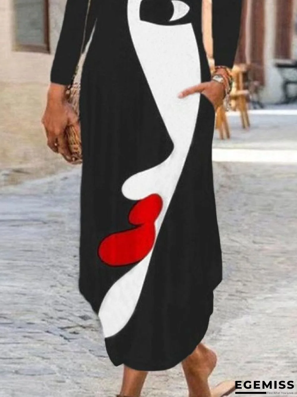 Casual Long Sleeve V Neck Printed Dresses Black Dresses | EGEMISS