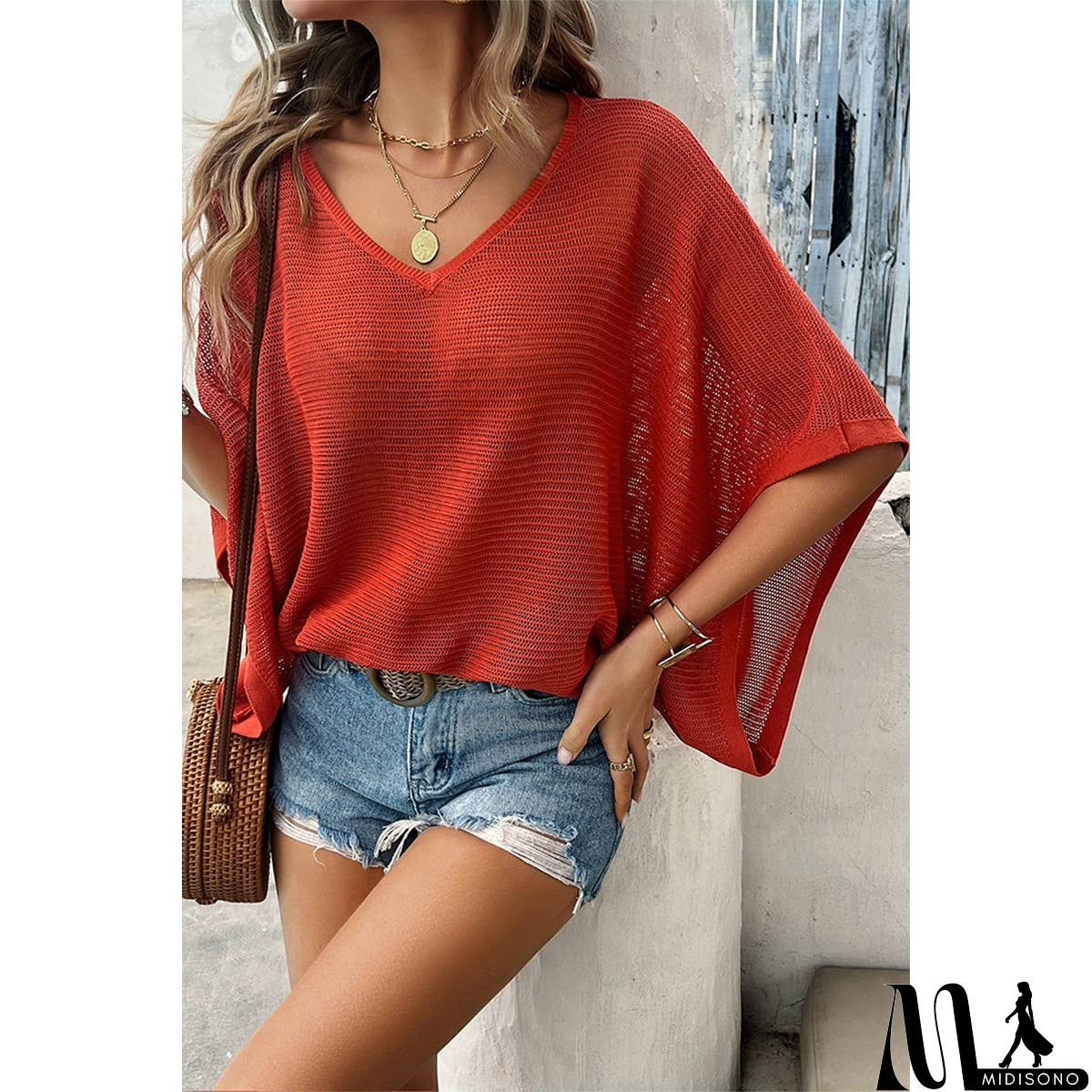 MidiSono - Solid V Neck Knit Loose Fit Bat Sleeves Top