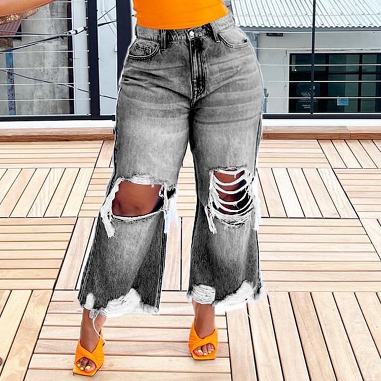 Vefave Classic Washed Ripped Wide Leg Jeans