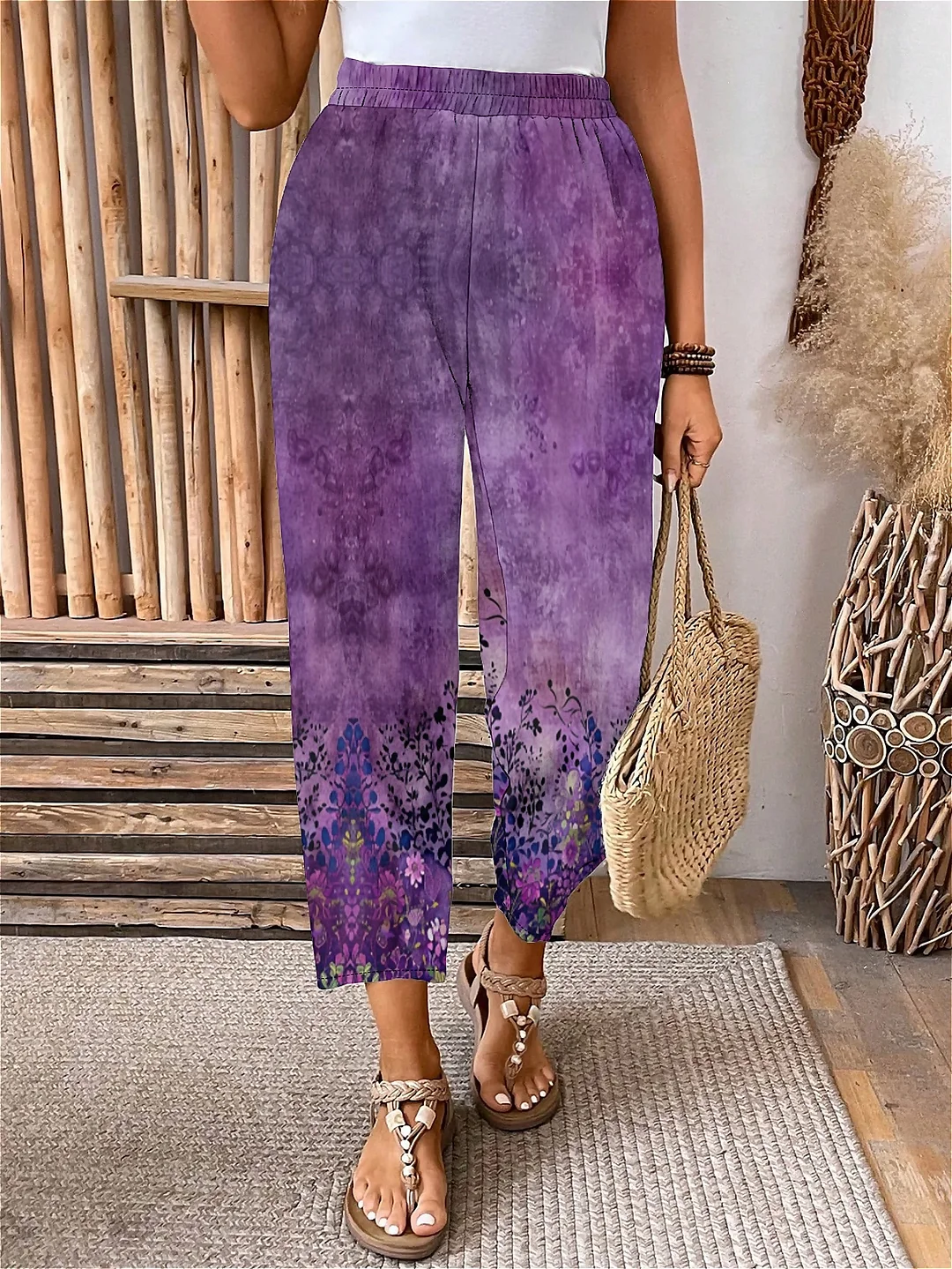 Plus Size Elastic Waist Purple,Floral,Bohemian Printed Pants