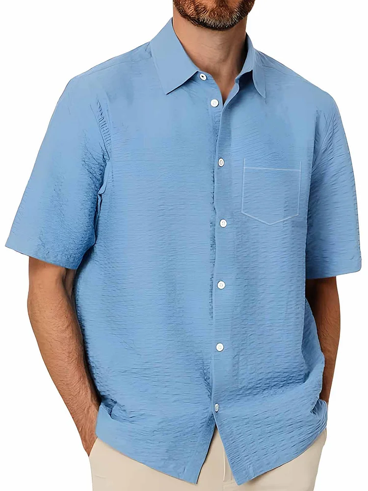 Hawaiian Men's Pleated Fabric Pocket Short Sleeve Shirt