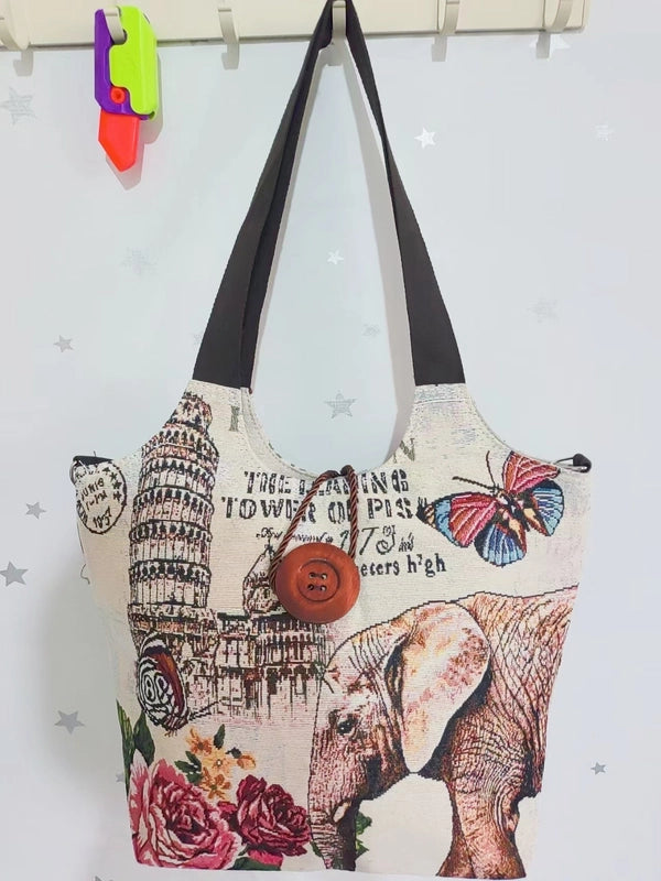 Women’s Large Canvas Elephant Ethnic Style Square Zipper Shoulder Bag