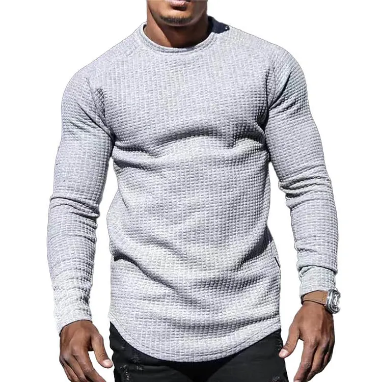 Men's Casual Solid Color Waffle Round Neck Long Sleeve T-Shirt 26370676Y