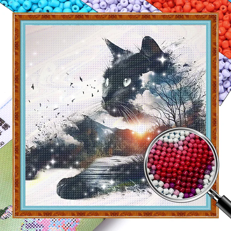 Full Embroidery Beads Printed 11CT Silhouette Cat Cross Stitch Kit Decor36x36cm gbfke