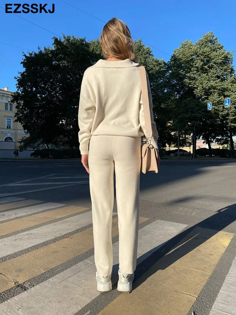 2 Pieces Set Women oversize Tracksuit polo collar Sweater Pullover straight pants Sweater Set CHIC Knitted Outwear sweater suit