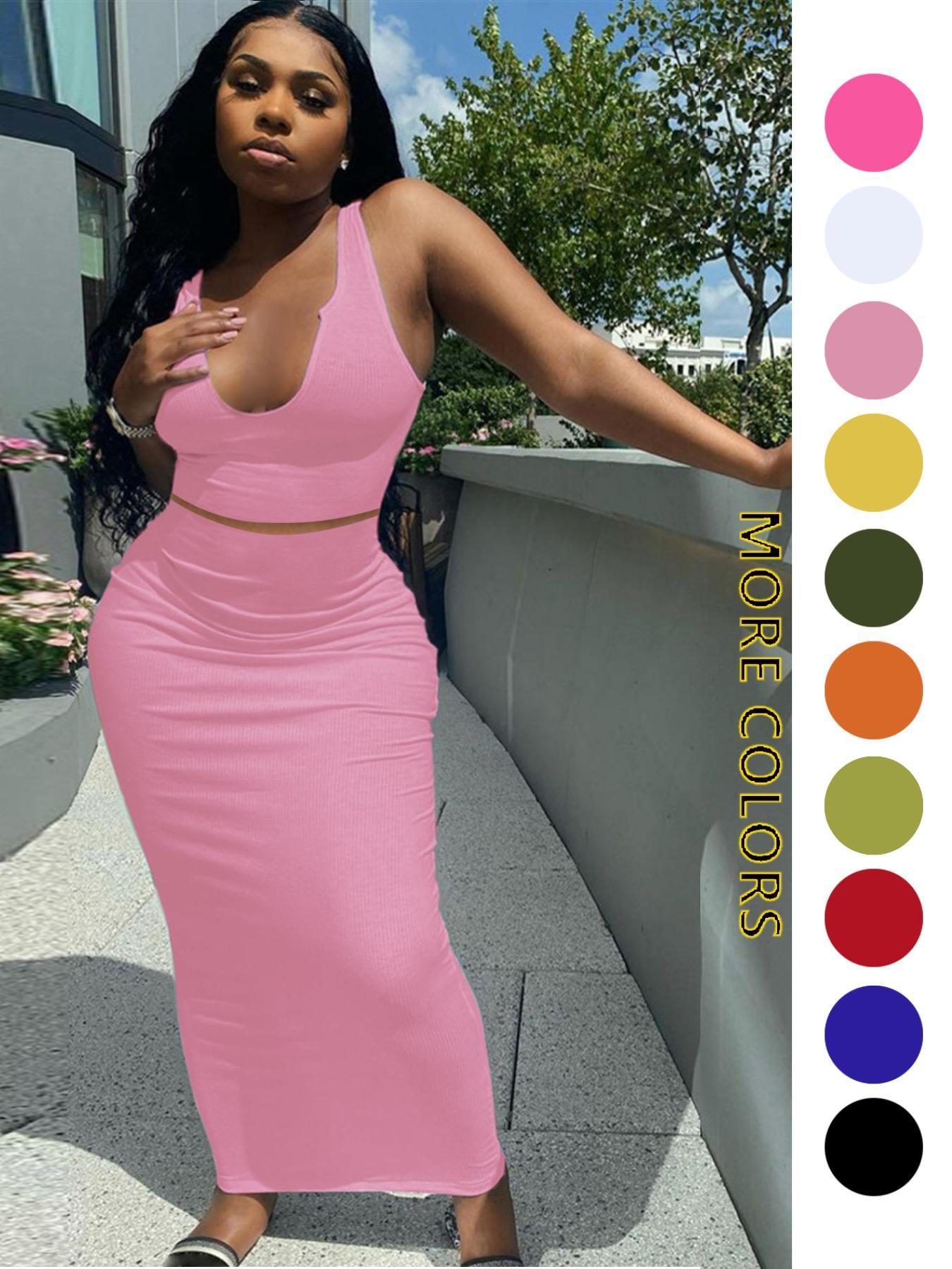 Two-piece Set Women's Solid Notched Neck Crop Tank Top & High Waist Bodycon Skirt Set, Casual Slim Sleeveless Top & Long Skirt, Ladies Summer Clothes for Daily Wear, Outfit Sets Women, Summer Outfits Set Two-piece Set Women's Solid Notched Neck Crop Tank Top & High Waist Bodycon Skirt Set, Casual Slim Sleeveless Top & Long Skirt, Ladies Summer Clothes for Daily Wear, Outfit Sets Women, Summer Outfits Set