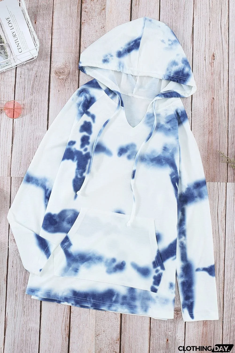 Blue White Tie-dye Knit Hooded Top