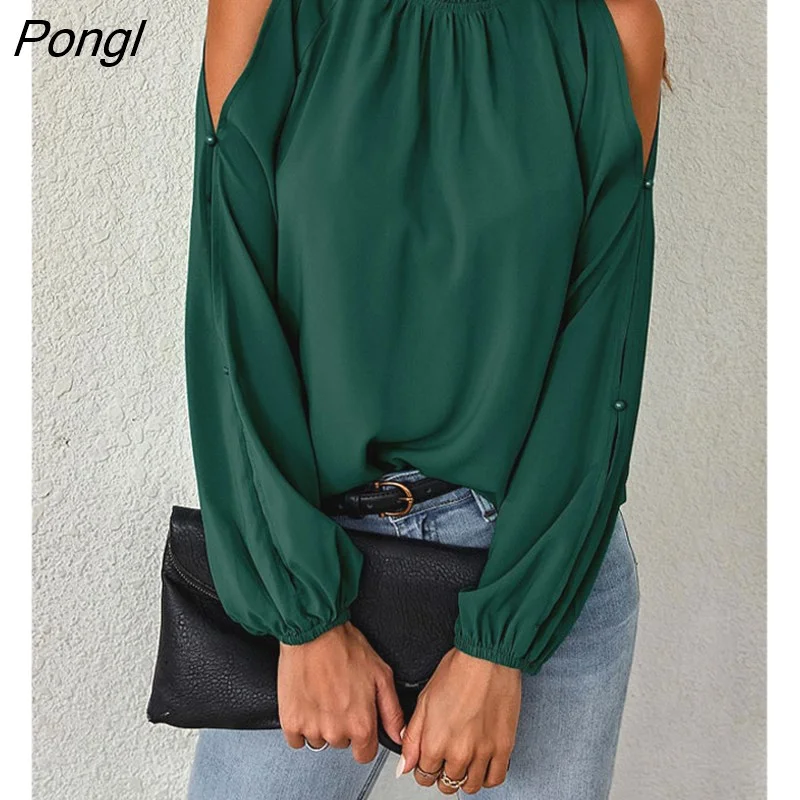 Pongl Women's Clothing Ruffled Neck Off Shoulder Tops Autumn Winter New Office Lady Long Sleeve Stylish Commute Solid Color T-shirt