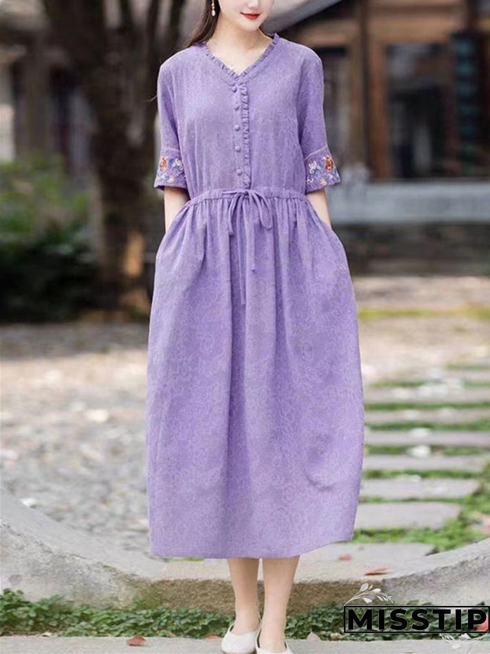 Embroidered V-neck Cotton Linen Dress Loose Lace Up Long Skirt