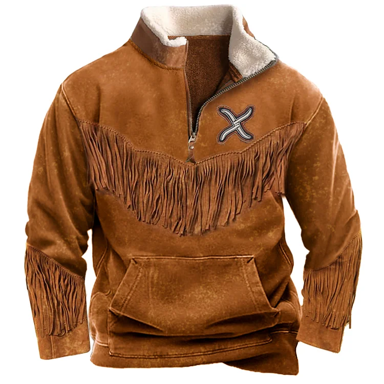 Men's Vintage Western Cowboy Tassel Zipper Stand Collar Sweatshirt