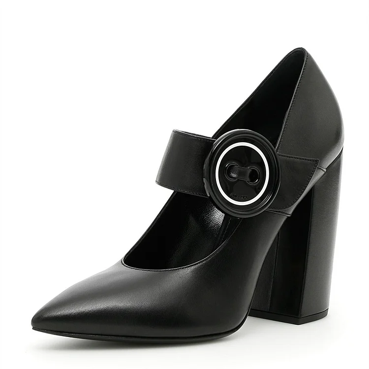 Black Mary Jane Heels Chunky Heels Shoes with Oversize Buckle |FSJ Shoes