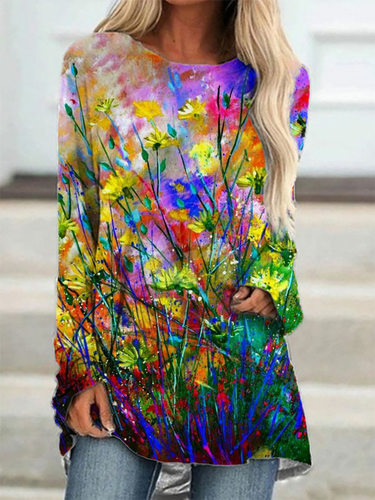 Floral Art Drawing Pattern Long Sleeve T Shirt wearshes