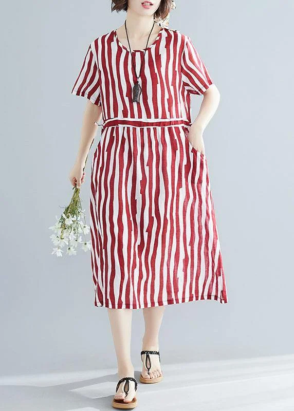 Handmade red striped clothes Women o neck drawstring Art summer Dress
