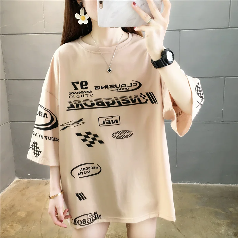 Summer Fashion Letter T Shirts Women Causal O Neck Racing Suit Tees Half Sleeve Student Clothes Korean Street Wear Tops New