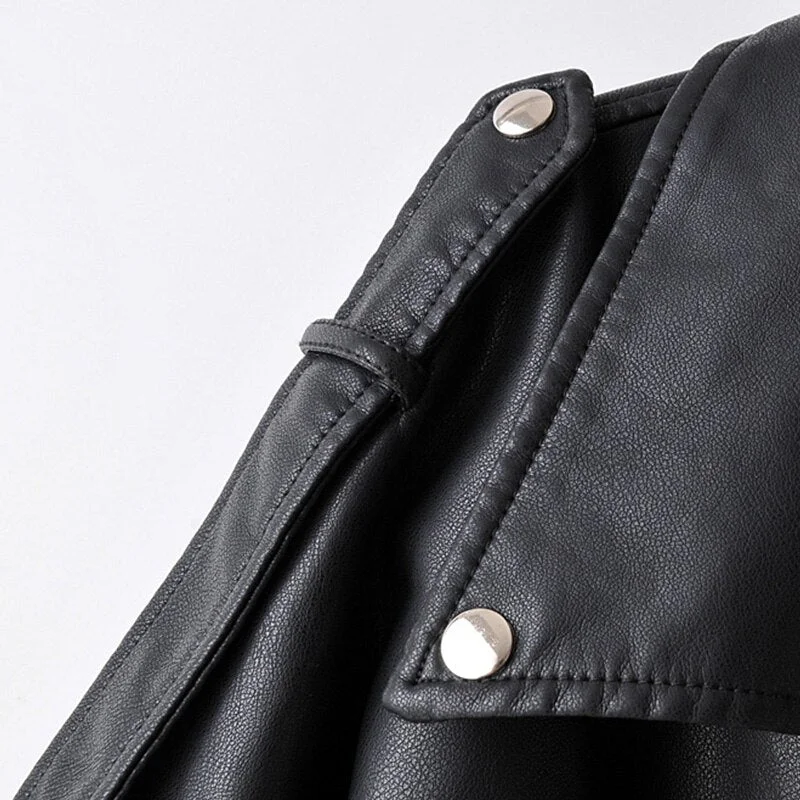 FTLZZ New Spring Pu Leather Jacket Women Moto Biker Lapel Zipper Warm BF Style Faux Leather Coat Loose Fashion Autumn Outwear