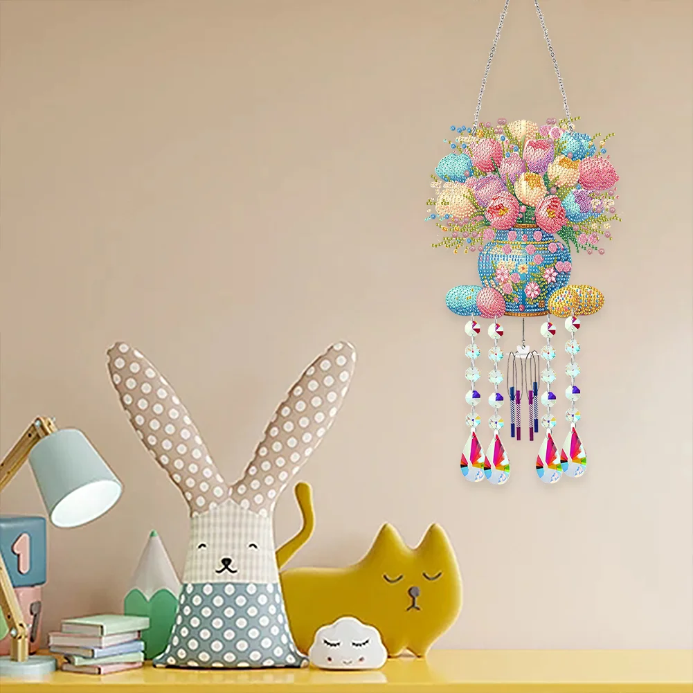 Double Sided Vase 5D DIY Diamond Art Painting Wind Bell Hanging Sign for Wall