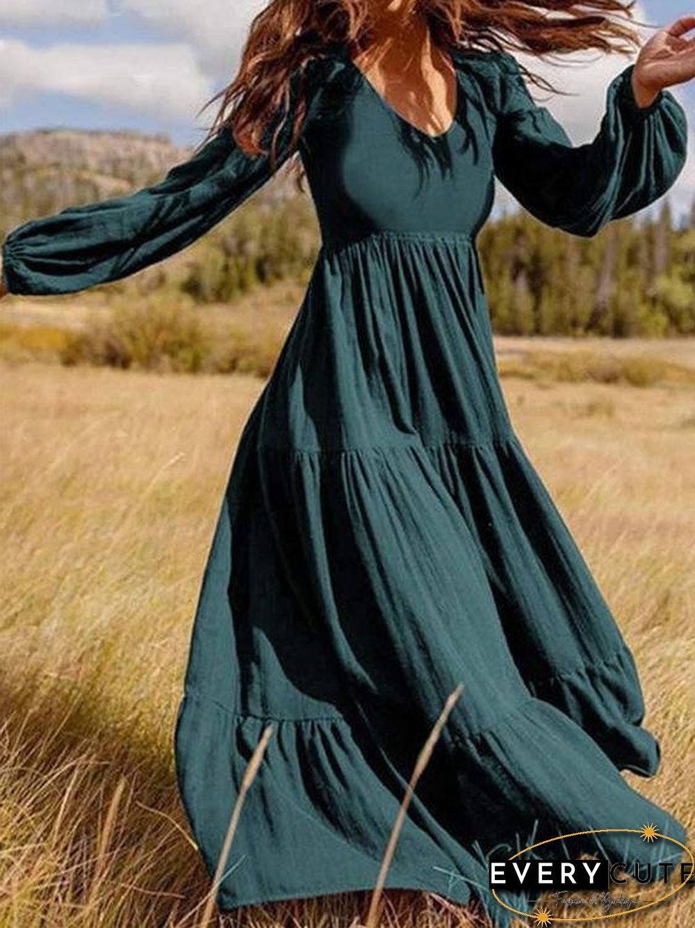 Temperament V-Neck Long Sleeve Flowy Dress