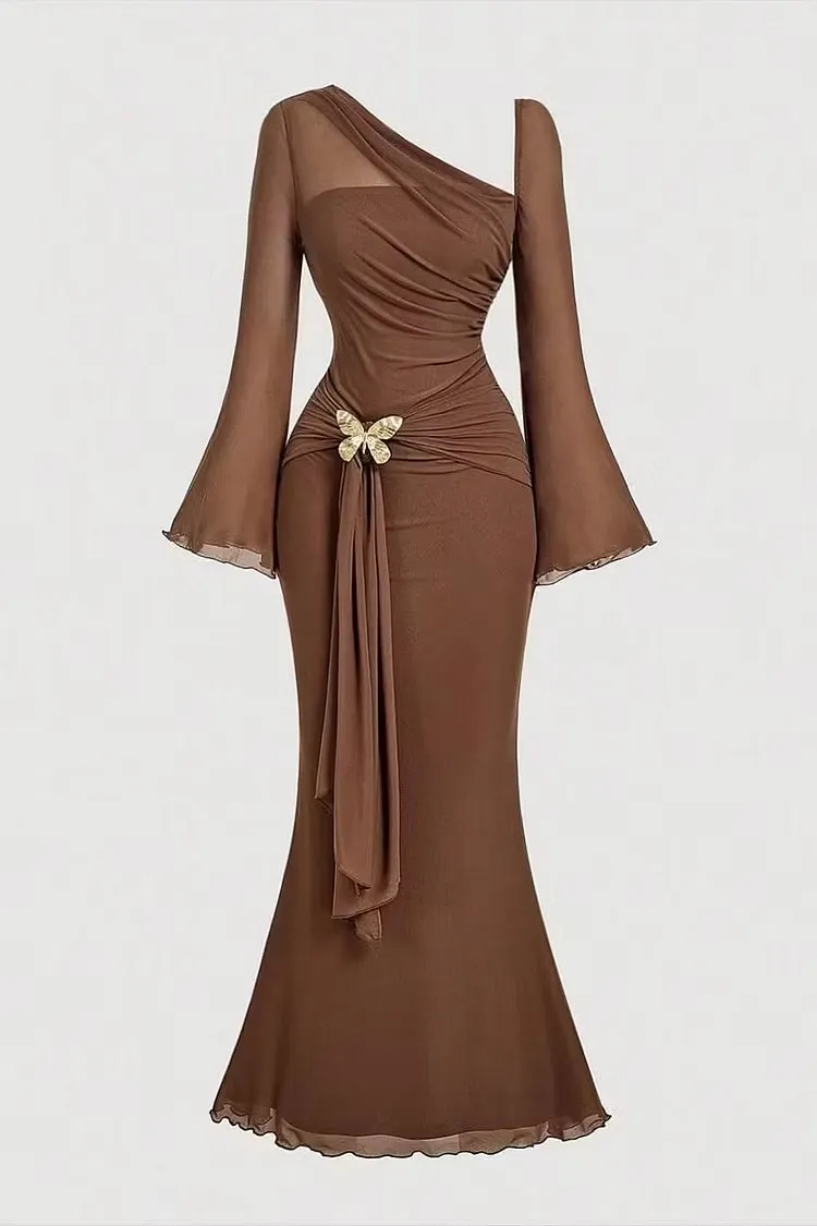 Chic Chocolate Brown One Shoulder Long Sleeves High-Waisted Long Pleated Mermaid Prom Dress | XJ0942 Wellcucu