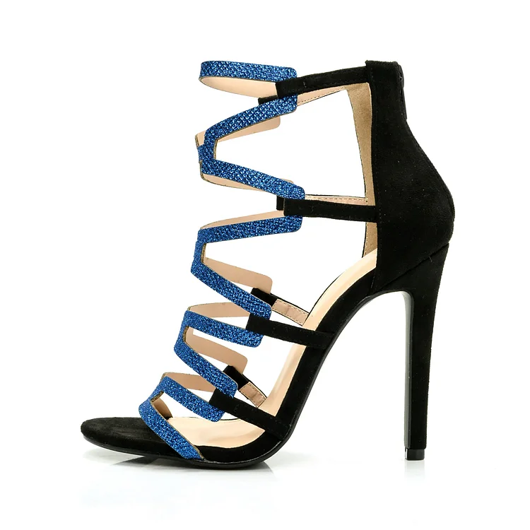 Black Gladiator Sandals Blue Glitter Open Toe Stiletto Heels Sandals |FSJ Shoes