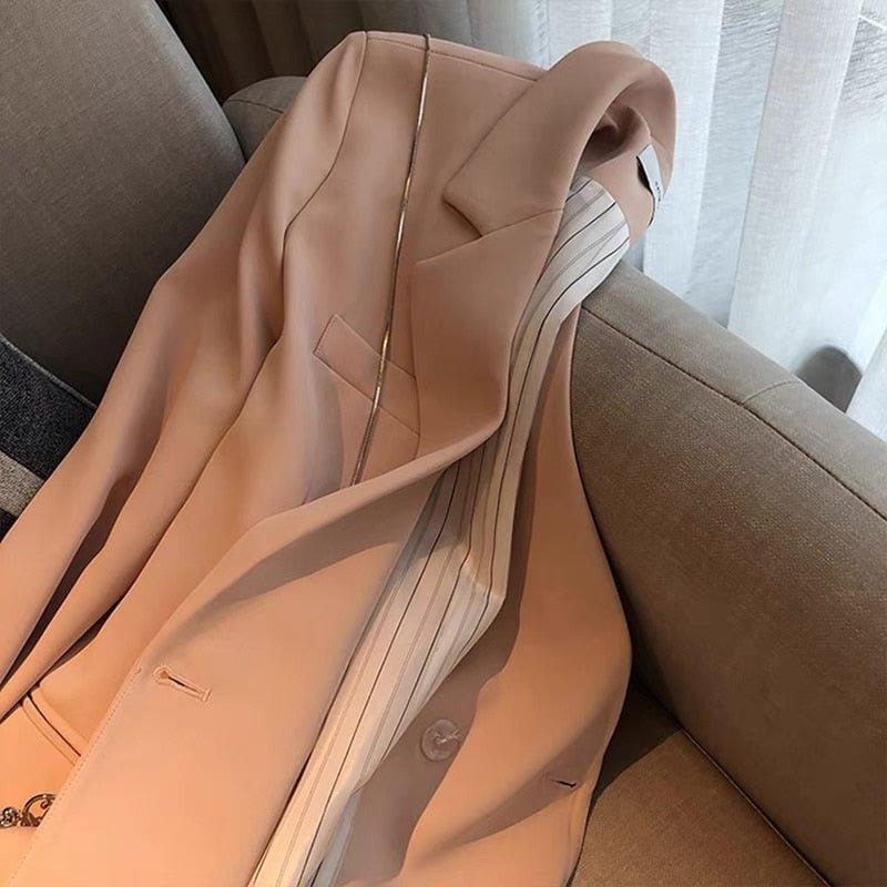 Women 2021 Fashion Office Wear Double Breasted Pink Blazer Coat Long Sleeve Pockets Female Outerwear Chic Tops