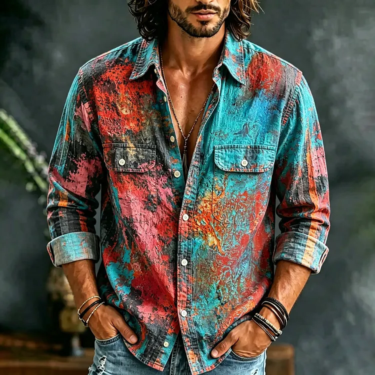 Men's Retro Art‑washed Abstract Textured Print Pocket Shirt