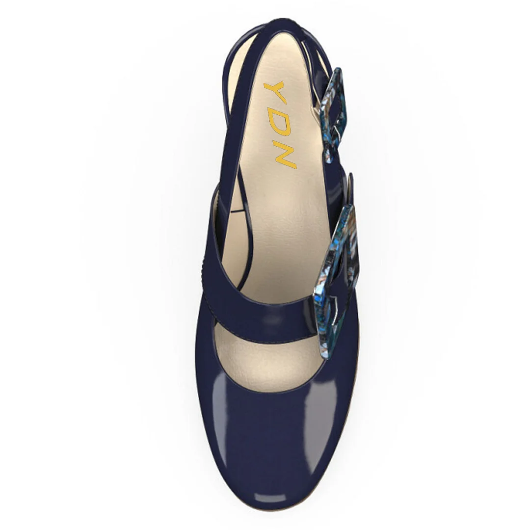 Navy Patent Leather Round Toe Buckle Snakeskin Pumps for Women