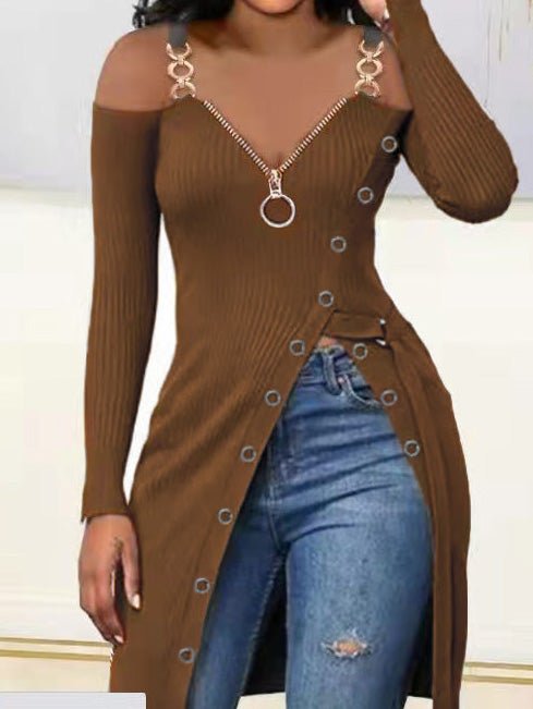 Women's T-Shirts V-Neck Zip Sling Long Sleeve High Slit T-Shirt
