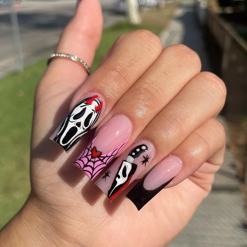 Churchf Churchf European Square Simple Ghost Face Fake Nail French Cute Black Halloween Summer Nail Wear Nail Piece