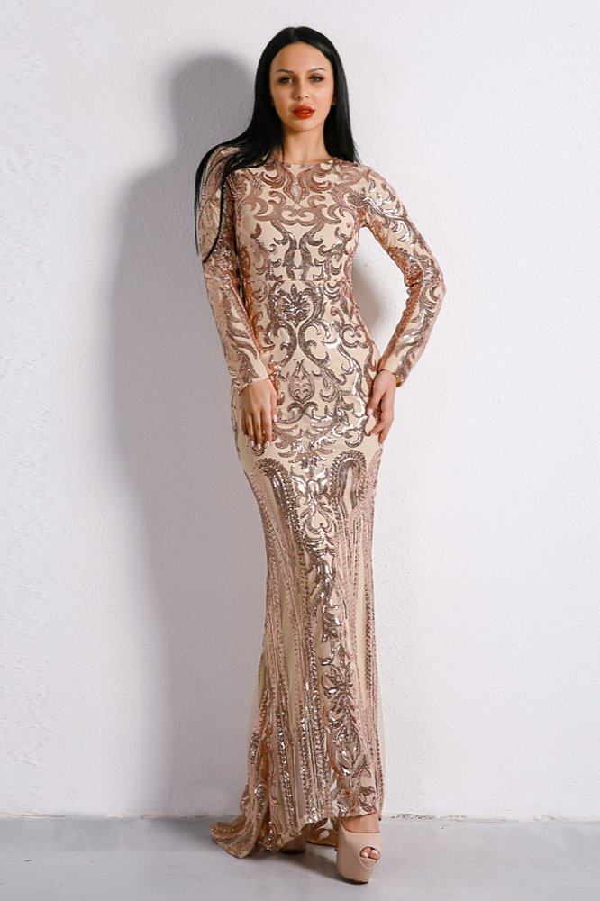 gold long sleeves mermaid prom dress