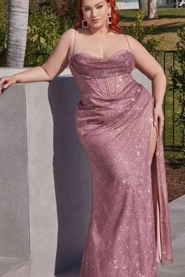 Charming Rose Gold Mermaid Sequins Prom Dress Slit With Spaghetti Straps | Ballbellas Ballbellas
