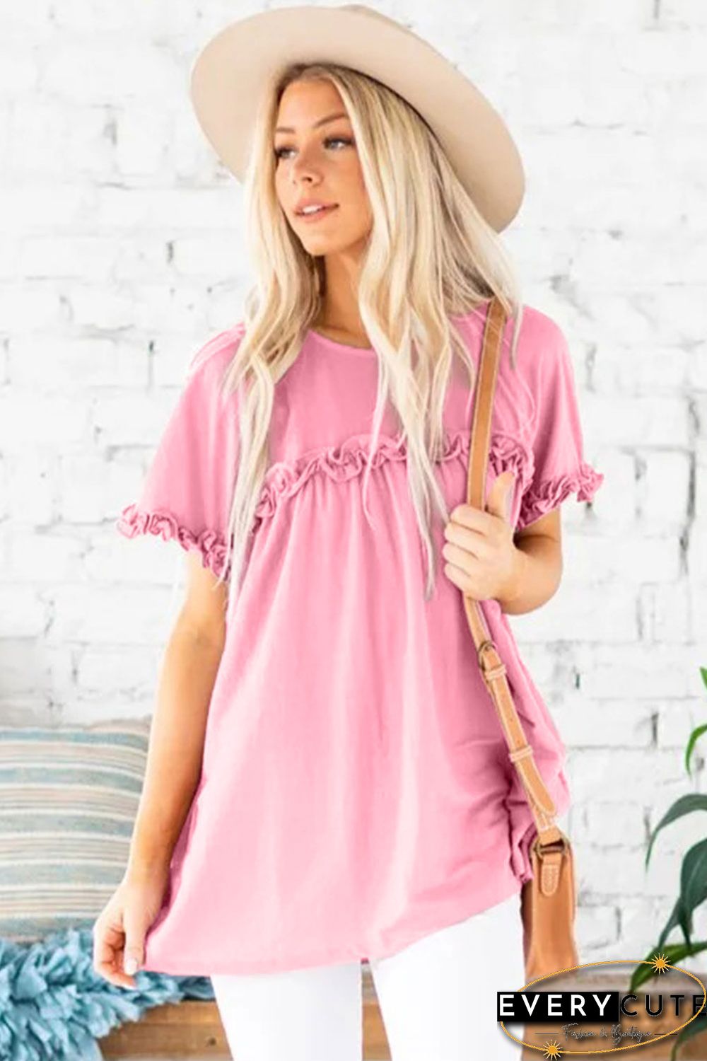 Pink Ruffled Detail T-shirt