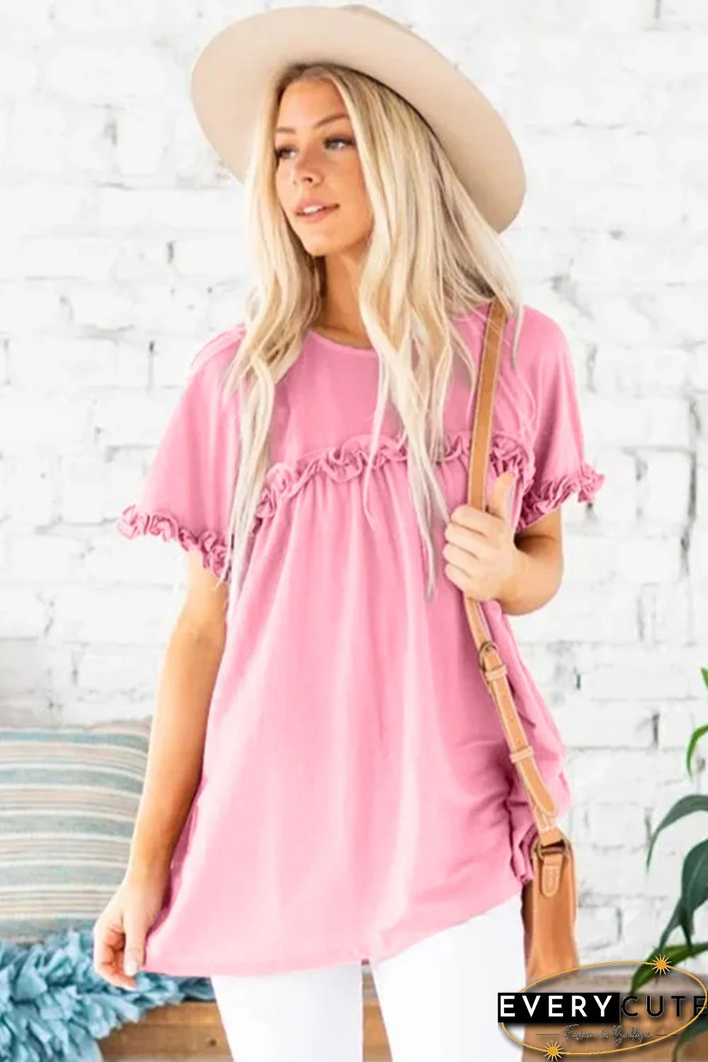 Pink Ruffled Detail T-shirt