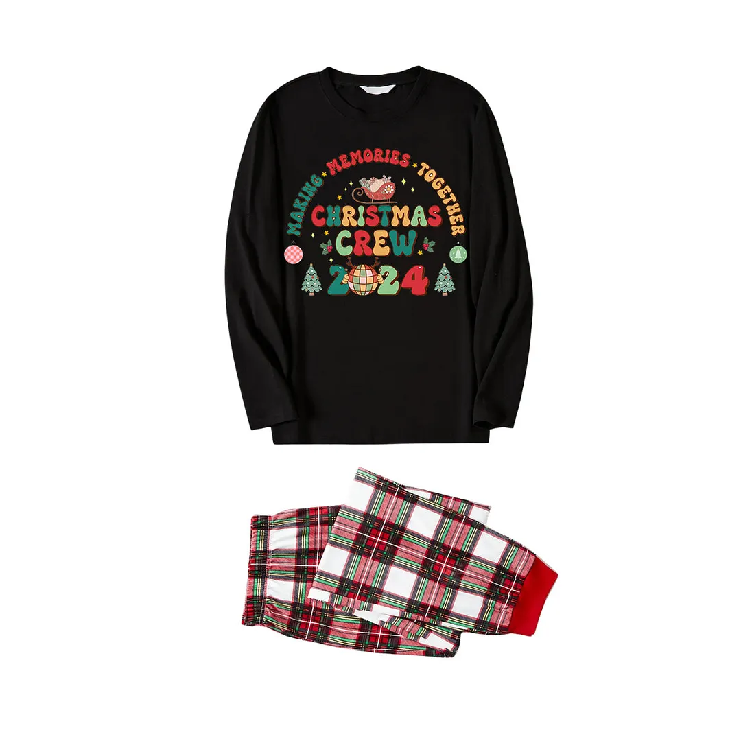 "Making Memories Together Christmas Crew 2024" Print Black Top with Red & White & Green Plaid Pants Family Matching Pajamas