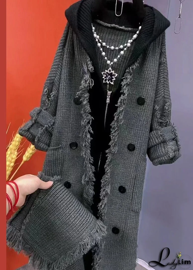 Fashion Beige Tasseled Patchwork Knit Hooded Coat Fall