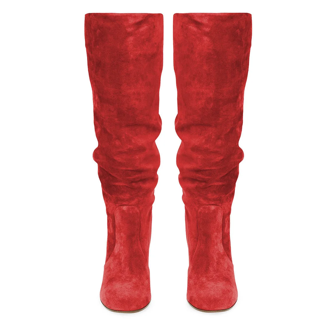 Red Vegan Suede Chunky Heel Slouch Knee High Boots for Women