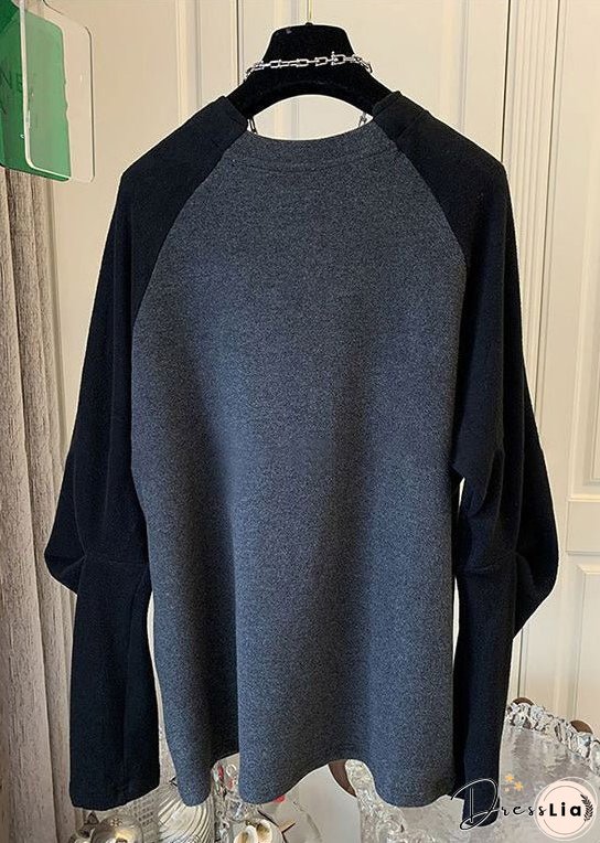 Simple Black O Neck Patchwork Cotton T Shirt Long Sleeve