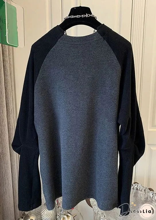 Simple Black O Neck Patchwork Cotton T Shirt Long Sleeve