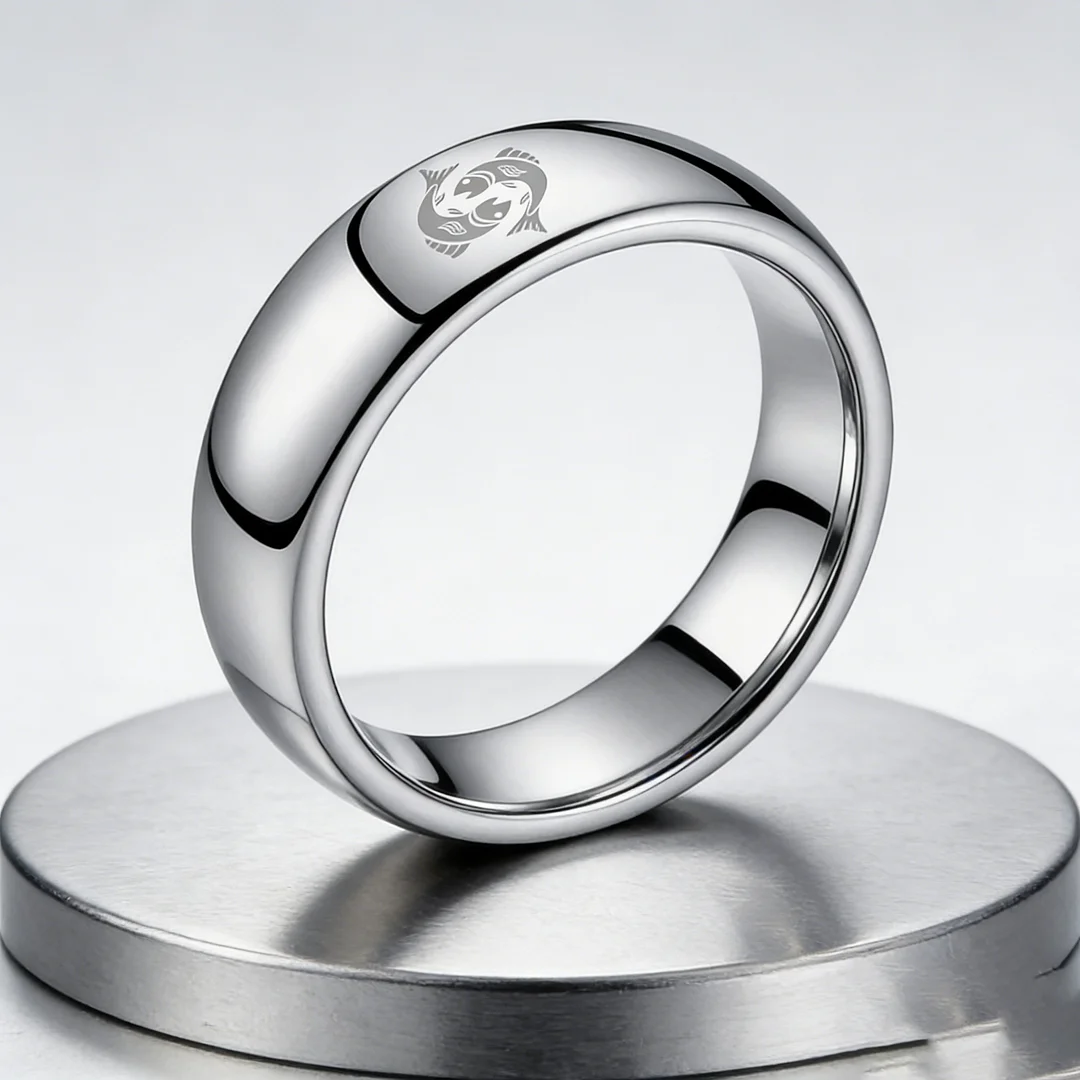 4MM 6MM 8MM Sliver Pisces Tungsten Carbide Rings Prints Laser Design Domed Top Tungsten Wedding Bands 