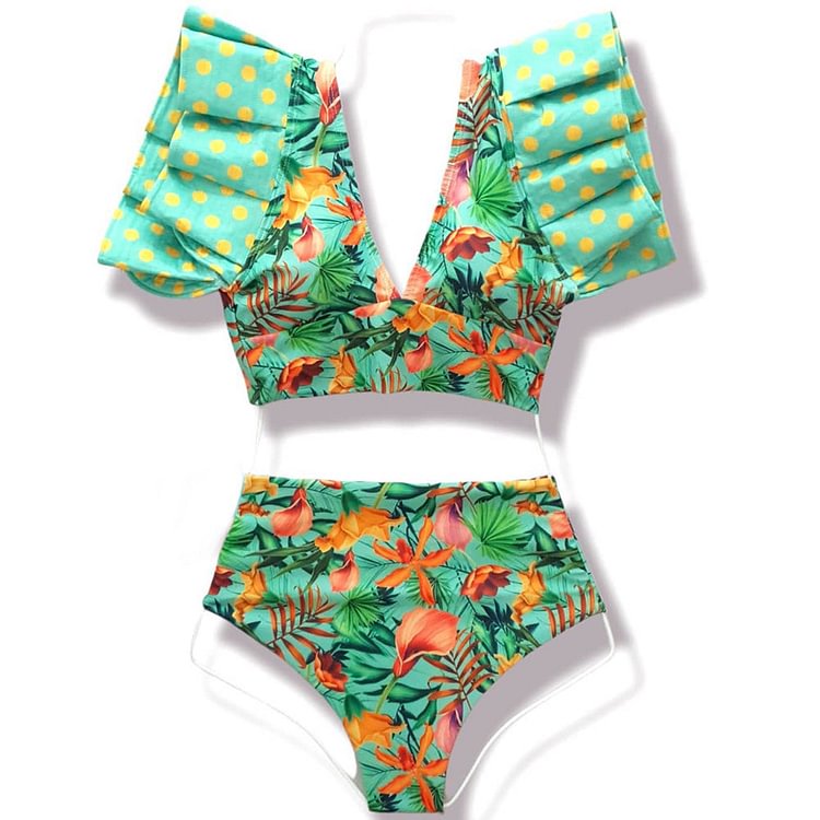 Flaxmaker Ruffle Polka Dot Jungle Print Bikini Swimsuit