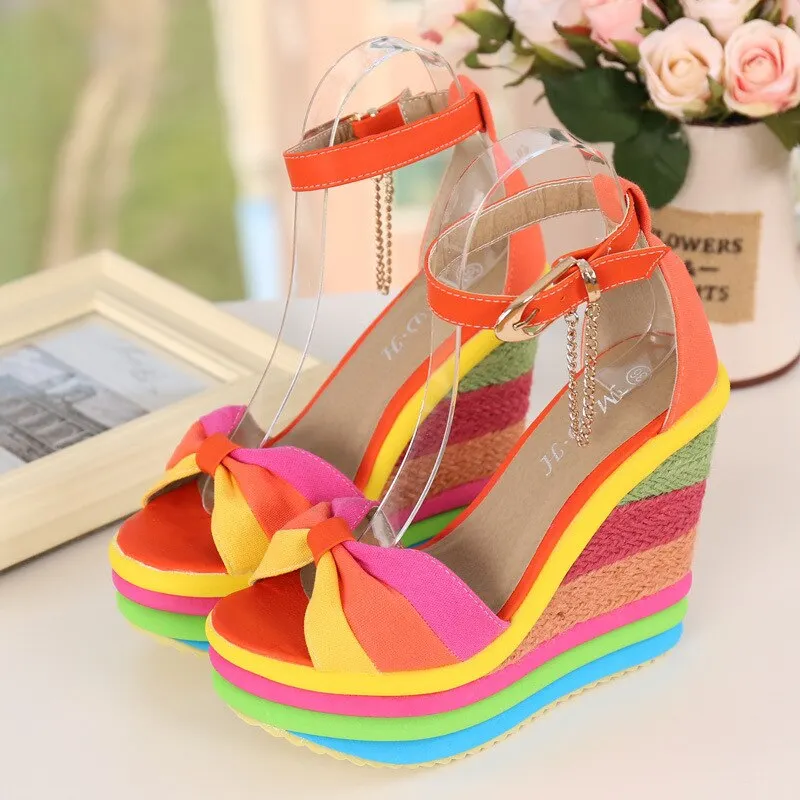 2021 Summer New Platform Wedge Sandals For Women's With Splicing Rainbow Color Weave Fish Mouth High Heels