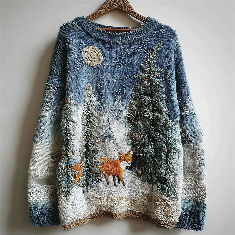 Fox Snowy Forest Night Cozy Fuzzy Knit Sweater