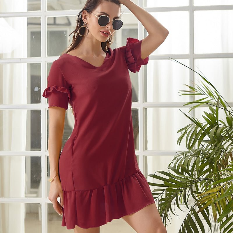 Fashion Women's Wear Solid Color And V-neck Ruffled Short Sleeves Pleated Dress