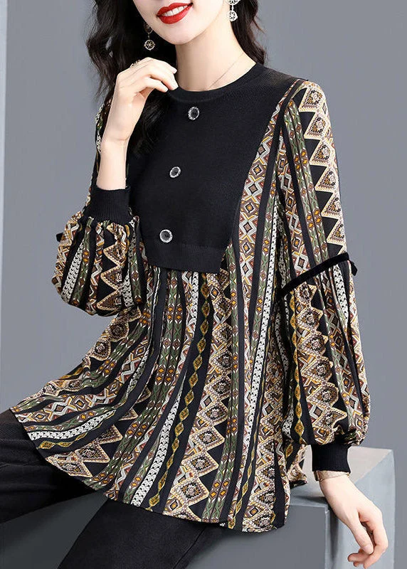 Casual Black O-Neck Patchwork Striped Print Shirt Tops Long sleeve